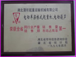 1997年全省起重機械設(shè)備銷量第一榮譽。